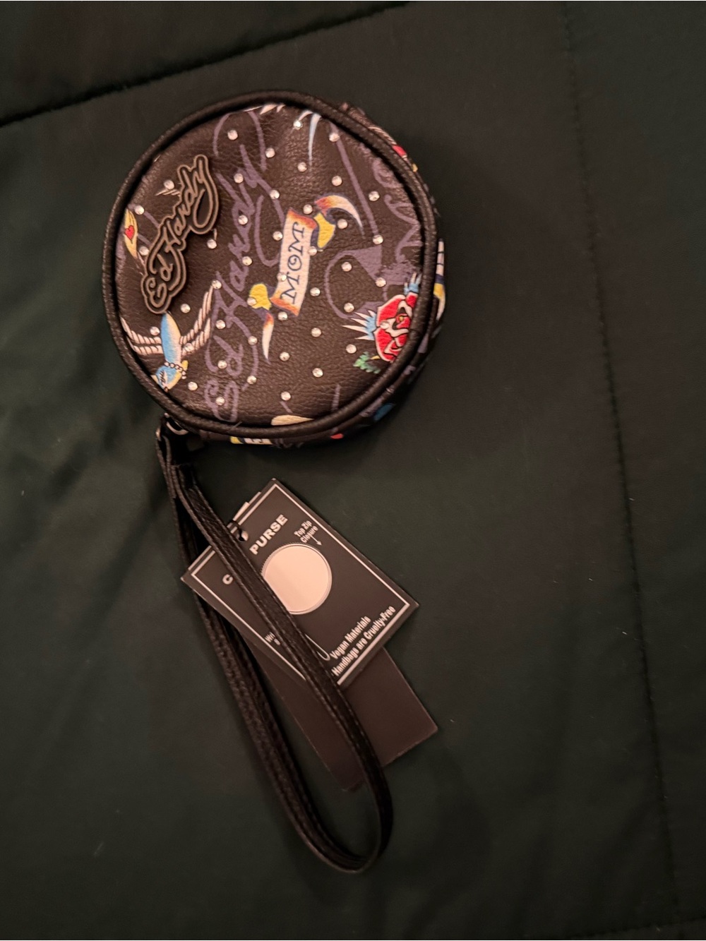 Ed Hardy Black Tattoo “MOM” Motif Round Wristlet Coin Pouch **NWT
